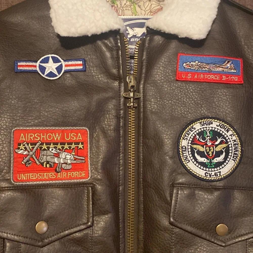 Up and Away USAF Junior Type A-2 Bomber Jacket Faux Leather W/Patches size 7 NWT